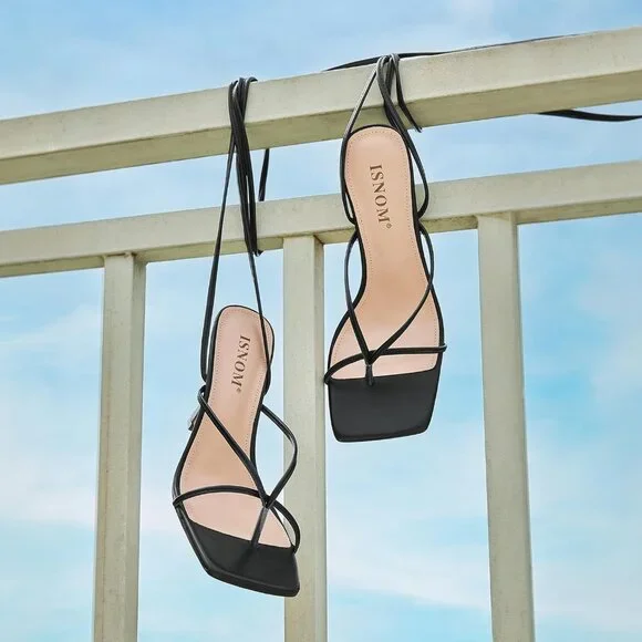 Women's Black Lace Up Square Toe Open Thong Stylish Comfortable Stiletto Heel - Picture 2 of 6